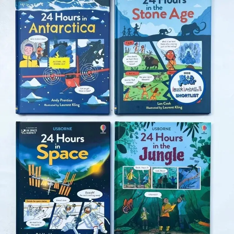 4books Usborne 24 Hours in the Stone Age Space Jungle Antarctica Kids Early Education English Reading Picture Book Hard Cover